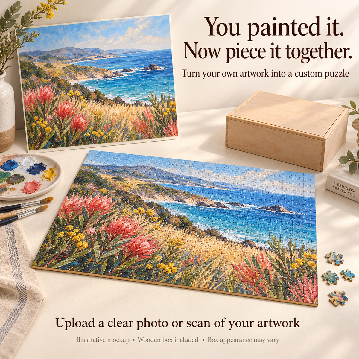 Illustrative original coastal painting reproduced as a plywood jigsaw puzzle with wooden box. Upload a photo or scan of your own artwork.