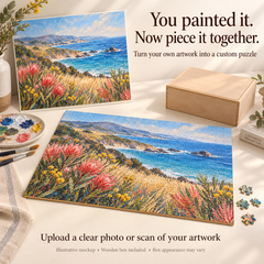 Illustrative original coastal painting reproduced as a plywood jigsaw puzzle with wooden box. Upload a photo or scan of your own artwork.