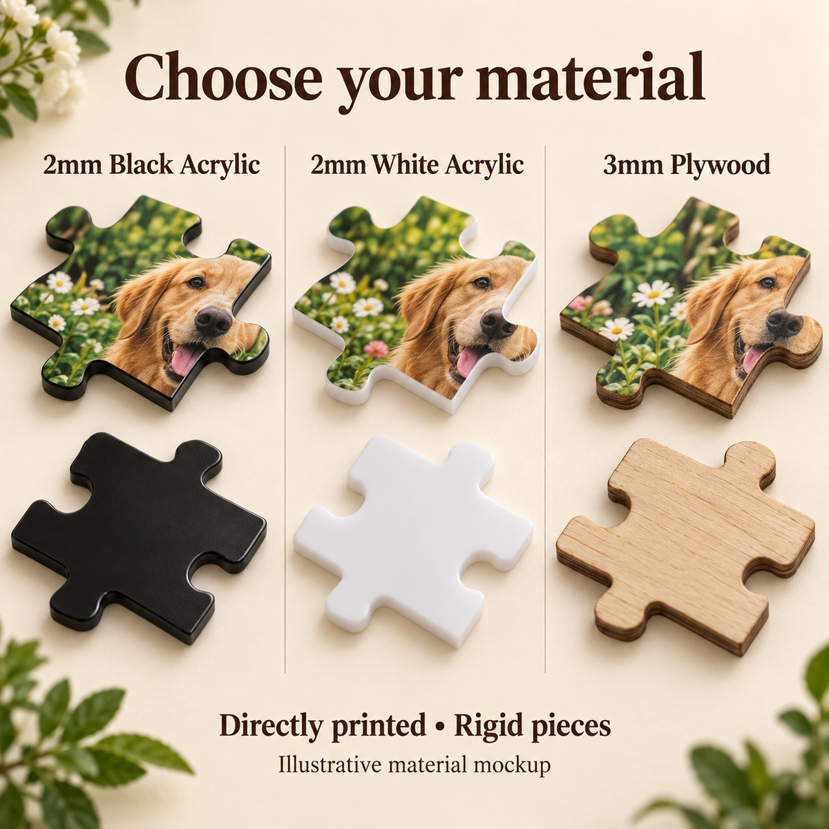 Illustrative material comparison: directly printed 2mm black acrylic, 2mm white acrylic and 3mm plywood jigsaw pieces.