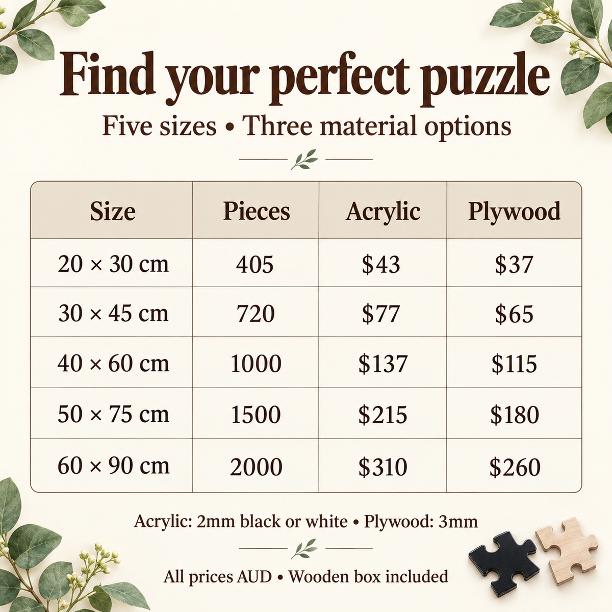 Five puzzle sizes from 20x30cm / 405 pieces to 60x90cm / 2000 pieces. Acrylic $43–$310 AUD; plywood $37–$260 AUD. Wooden box included.