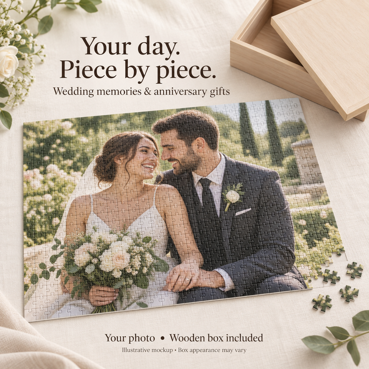 Illustrative wedding photo jigsaw puzzle and wooden gift box, an idea for wedding and anniversary gifts.