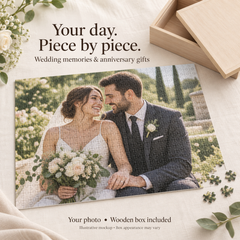 Illustrative wedding photo jigsaw puzzle and wooden gift box, an idea for wedding and anniversary gifts.