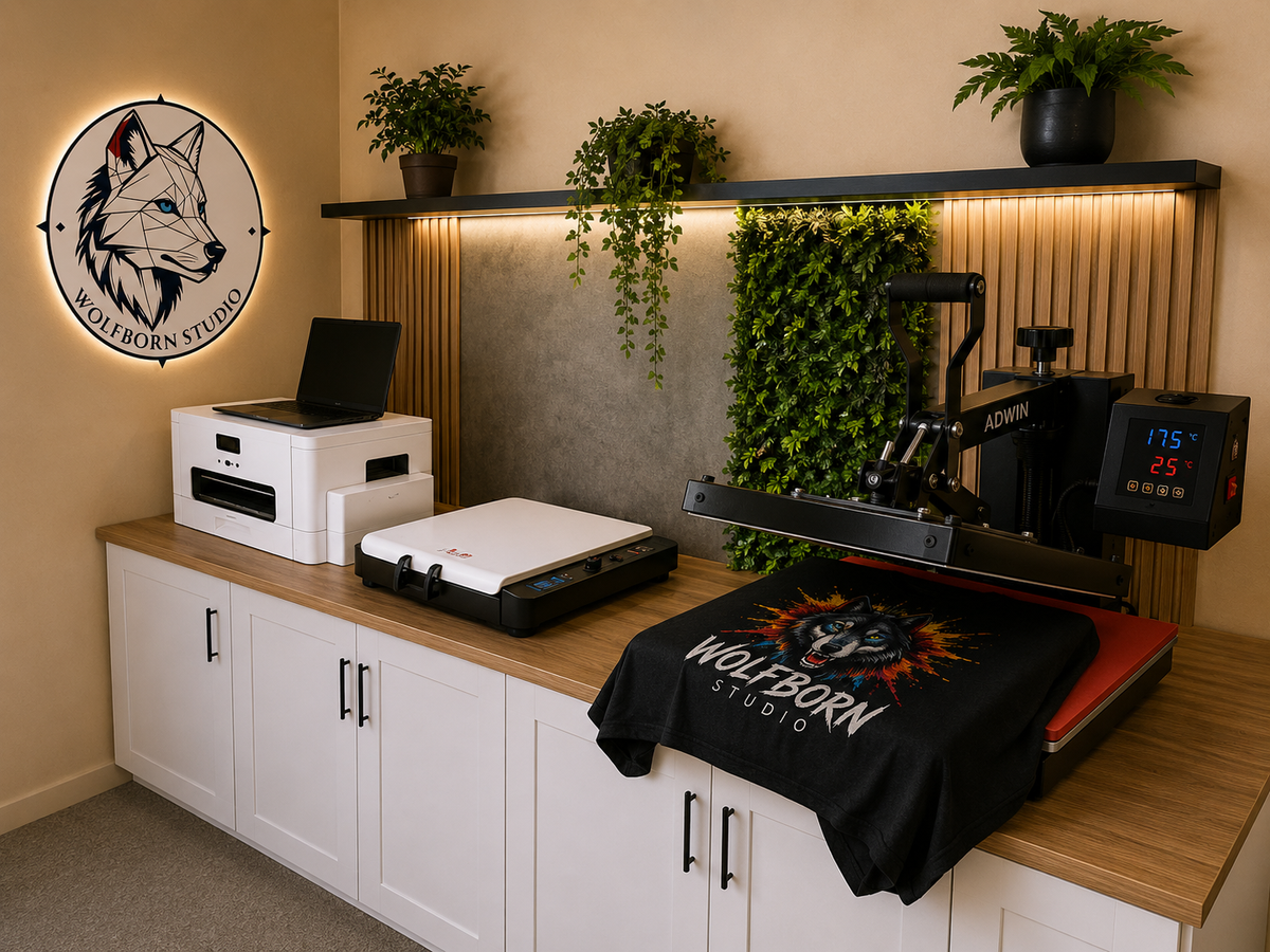 Illustration of a Wolfborn Studio print workspace with a heat press and custom T-shirt