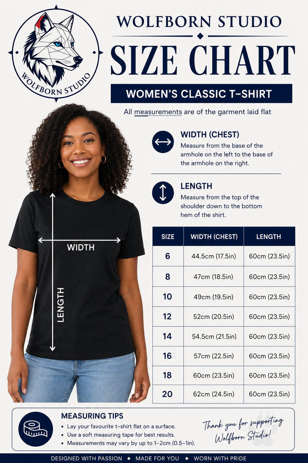 Wolfborn Studio women's classic T-shirt size chart. Available sizes: 6, 8, 10, 12, 14, 16 and 18.