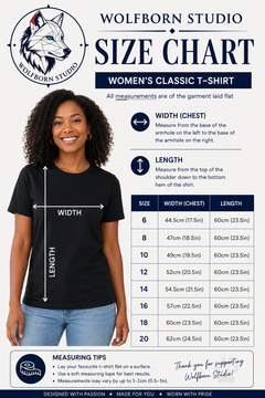 Wolfborn Studio women's classic T-shirt size chart. Available sizes: 6, 8, 10, 12, 14, 16 and 18.