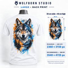 white T-shirt large • back print, 30 cm wide × 40 cm high. Minimum 2360 × 3150 px at approximately 200 DPI; recommended 3540 × 4725 px at approximately 300 DPI.