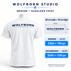 white T-shirt medium • shoulder print, 30 cm wide × 10 cm high. Minimum 2360 × 790 px at approximately 200 DPI; recommended 3540 × 1180 px at approximately 300 DPI.