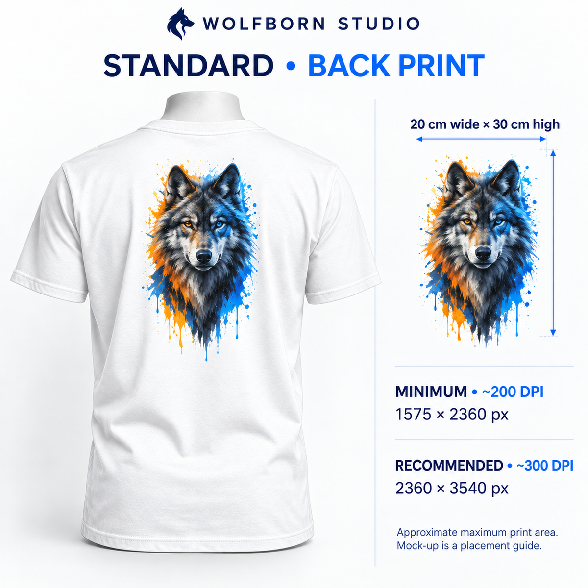 white T-shirt standard • back print, 20 cm wide × 30 cm high. Minimum 1575 × 2360 px at approximately 200 DPI; recommended 2360 × 3540 px at approximately 300 DPI.