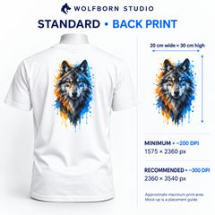 white T-shirt standard • back print, 20 cm wide × 30 cm high. Minimum 1575 × 2360 px at approximately 200 DPI; recommended 2360 × 3540 px at approximately 300 DPI.