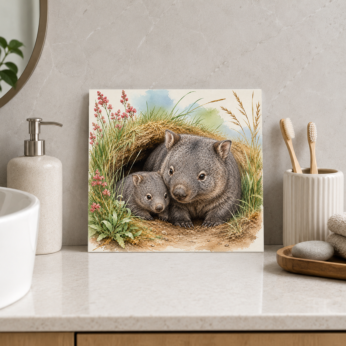 Wombat and Baby ceramic decorative tile in Pop Color, shown in a room mockup