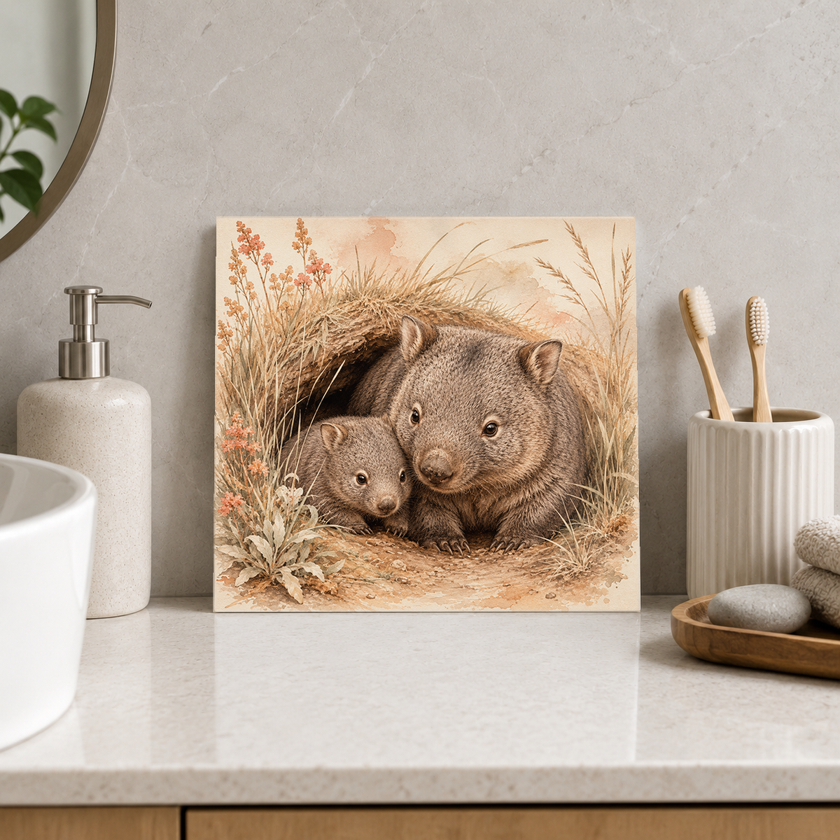 Wombat and Baby ceramic decorative tile in Warm Country, shown in a room mockup