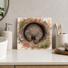 Wombat Burrow ceramic decorative tile in Pop Color, shown in a room mockup