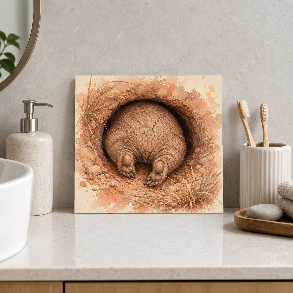Wombat Burrow ceramic decorative tile in Warm Country, shown in a room mockup