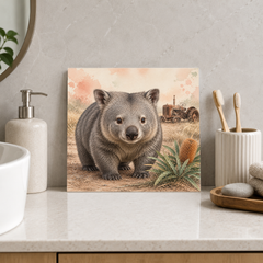 Wombat by the Old Tractor ceramic decorative tile in Pop Color, shown in a room mockup