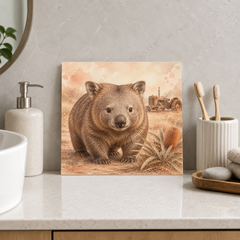 Wombat by the Old Tractor ceramic decorative tile in Warm Country, shown in a room mockup