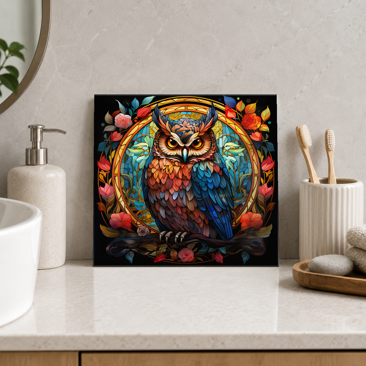 Woodland Owl in Autumn Wreath Tile displayed in the bathroom tile mock-up