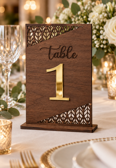 Woven Leaf Corners Table Number in varnished wood with gold raised number and flat base