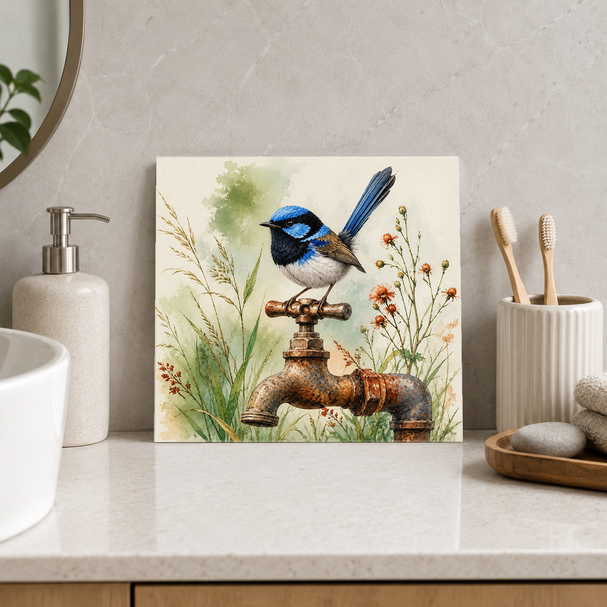 Wren on a Tap ceramic decorative tile in Pop Color, shown in a room mockup