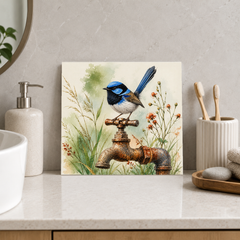 Wren on a Tap ceramic decorative tile in Pop Color, shown in a room mockup