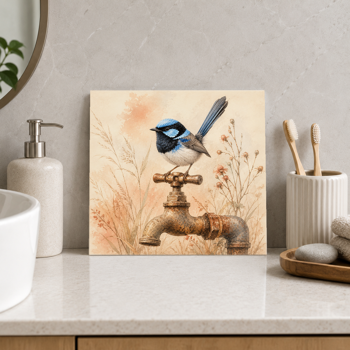 Wren on a Tap ceramic decorative tile in Warm Country, shown in a room mockup