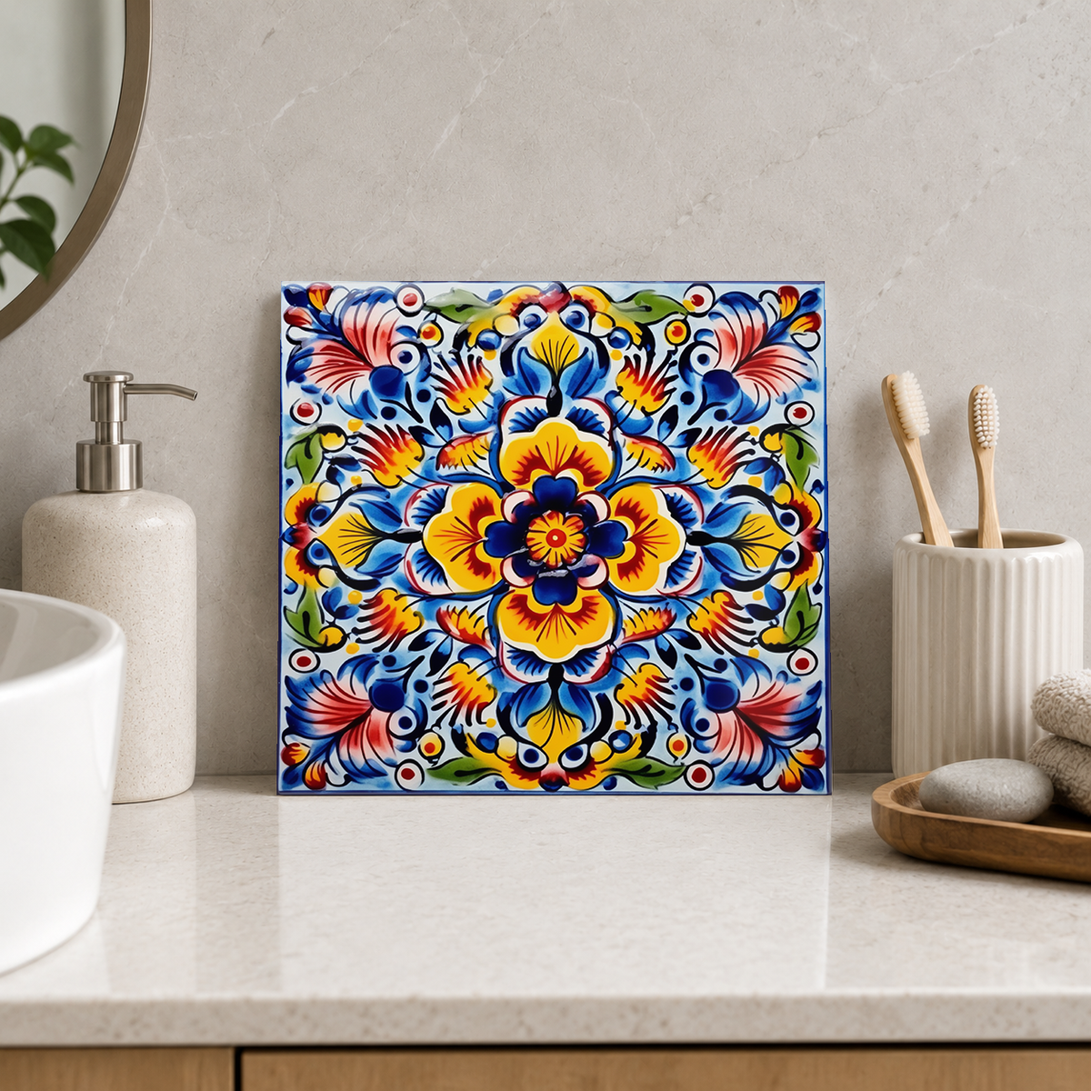 Yellow and Blue Ruffled Floral Cross Tile displayed in the bathroom tile mock-up