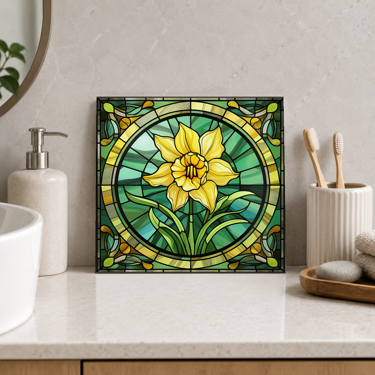 Yellow Daffodil in Green Circle Tile displayed in the bathroom tile mock-up