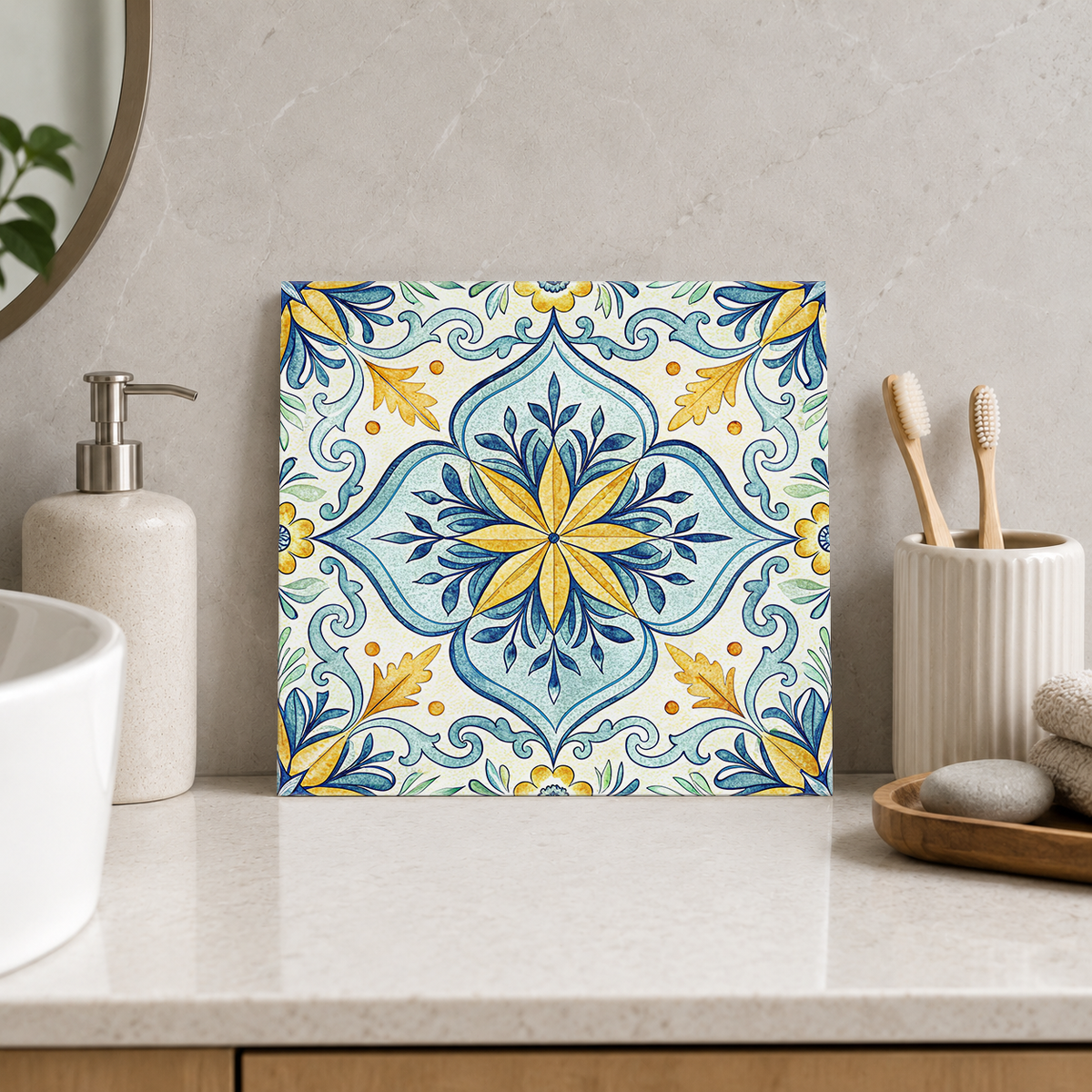 Yellow Daisy and Blue Leaf Medallion Tile displayed in the bathroom tile mock-up