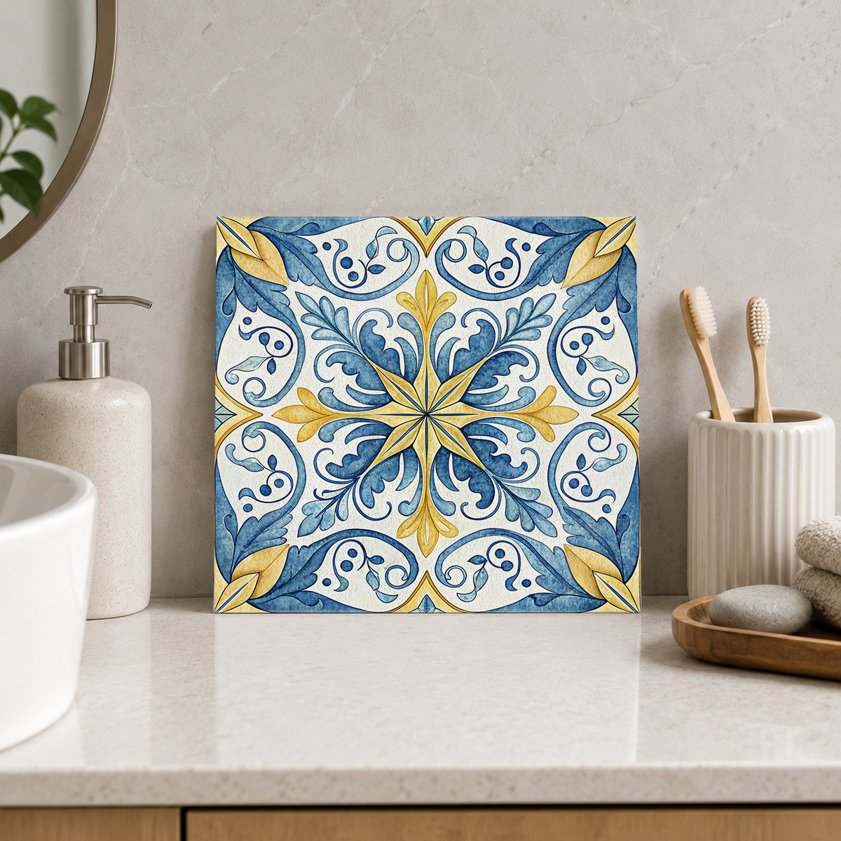 Yellow Star and Blue Acanthus Tile displayed in the bathroom tile mock-up
